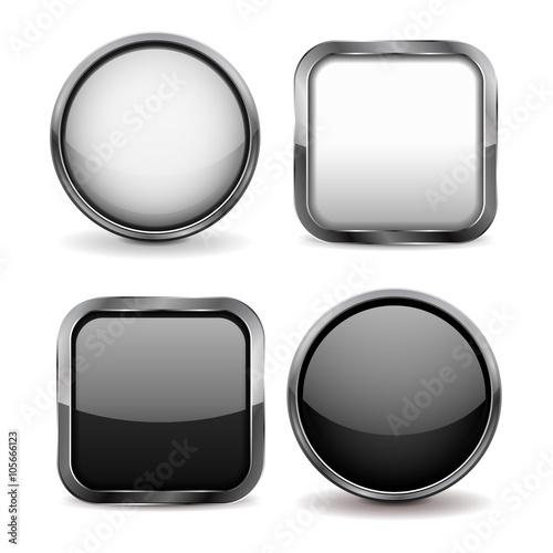 Glass buttons. Set of black and white shiny icons
