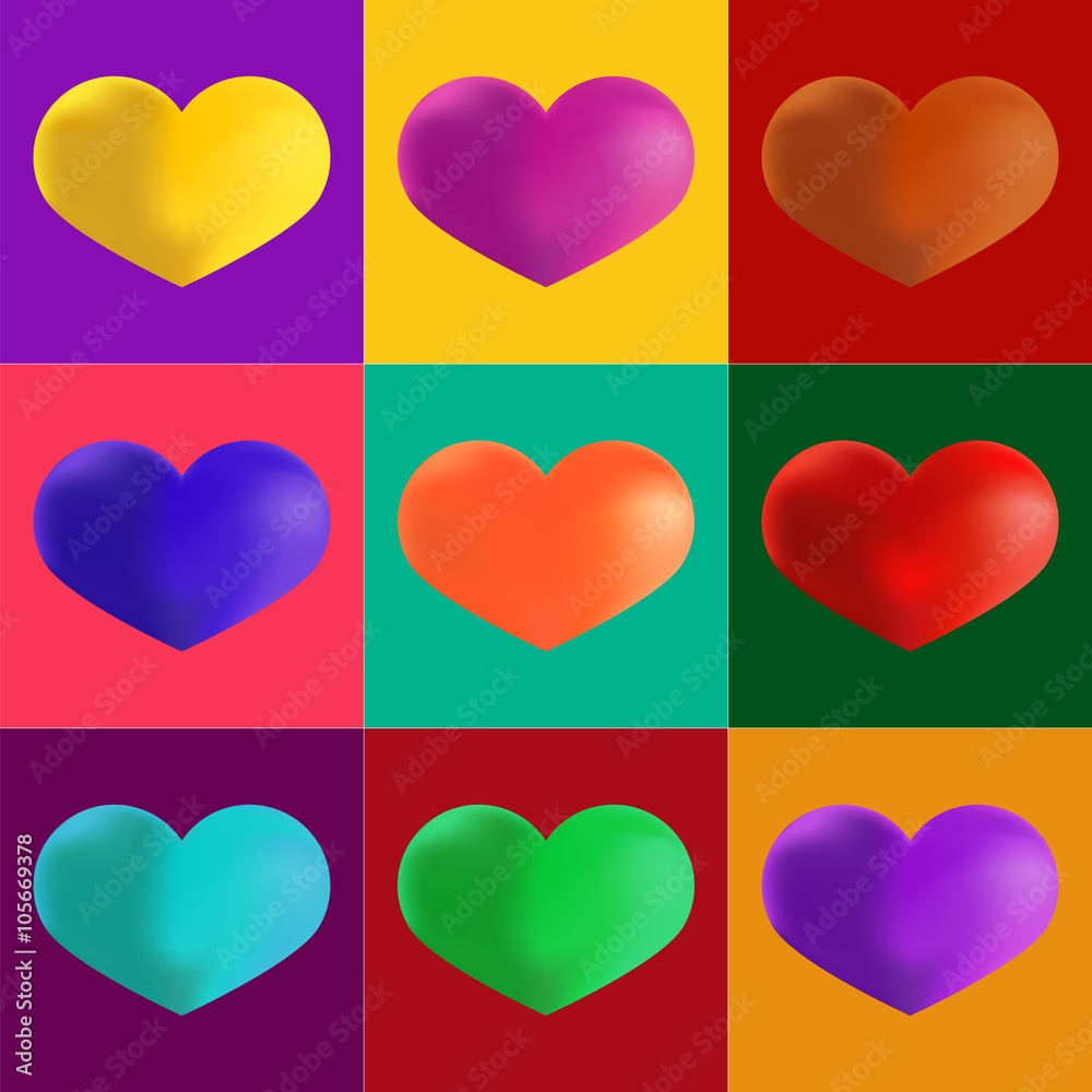 Hearts in different colours. Artistic Pop Art Style. Set of Colo