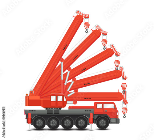 Mobile crane vector design. Separate layer for each angle. Industrial machine equipment or vehicle with hoist, hook, rope and hydraulic telescopic boom for lifting heavy load in construction site.