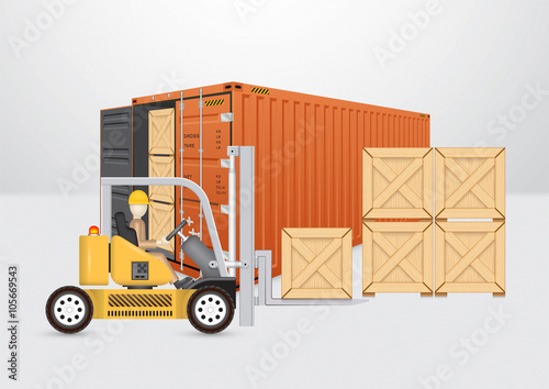 Vector illustration of operator handling wood crate on pallet into storage cargo container by forklift, equipment for logistic, shipping and delivery. Freight transport and distribution industry.