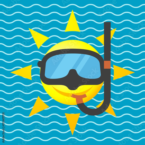 Icono plano sol con gafas de buceo sobre fondo marino