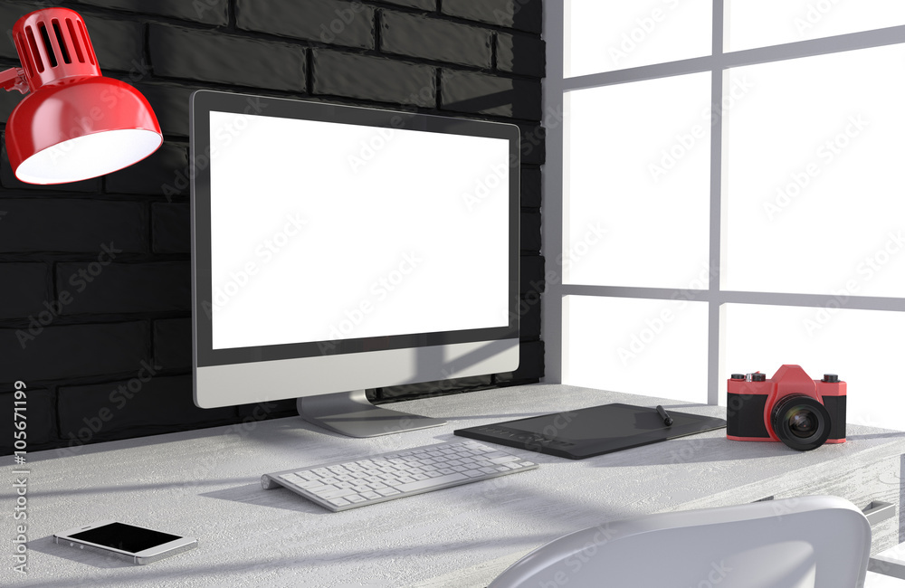 Fototapeta premium 3D illustration PC screen on table in office, Workspace