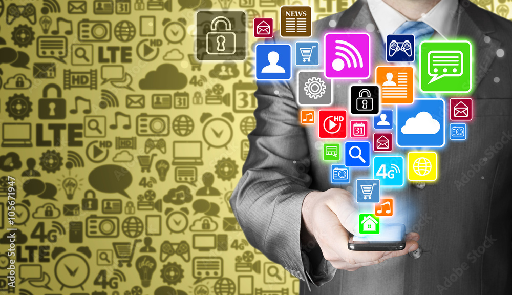 Business man using smart phone with social media icon set Business man using smart phone with social media icon set