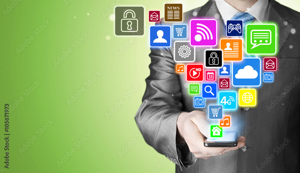 Business man using smart phone with social media icon set Business man using smart phone with social media icon set