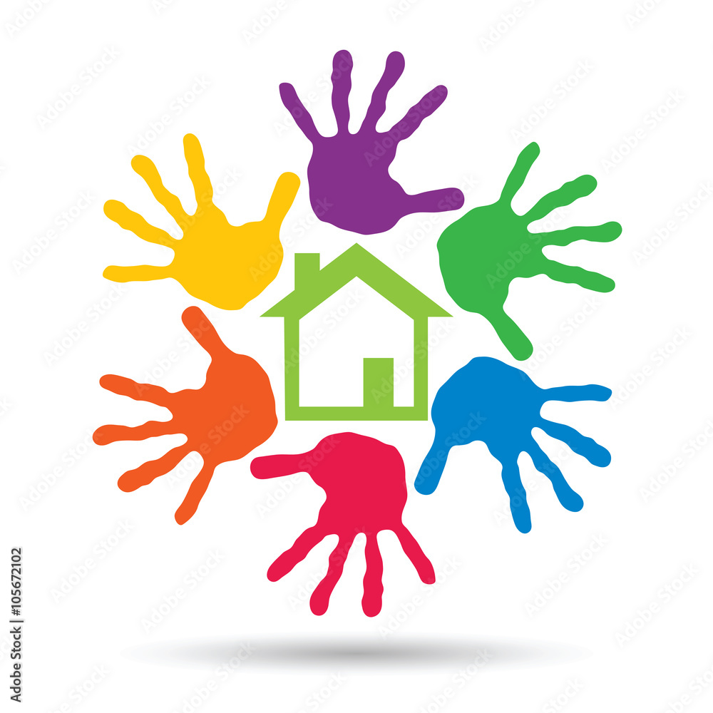 Vector concept circle of hands, green house symbol Vector concept circle of hands, green house symbol