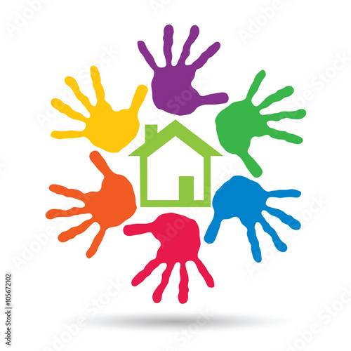 Vector concept circle of hands, green house symbol