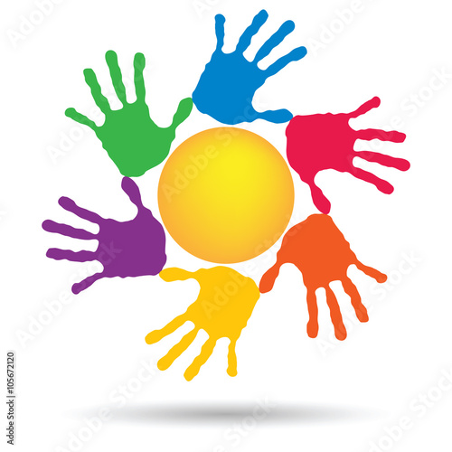Vector concept circle of hands, yellow sun symbol