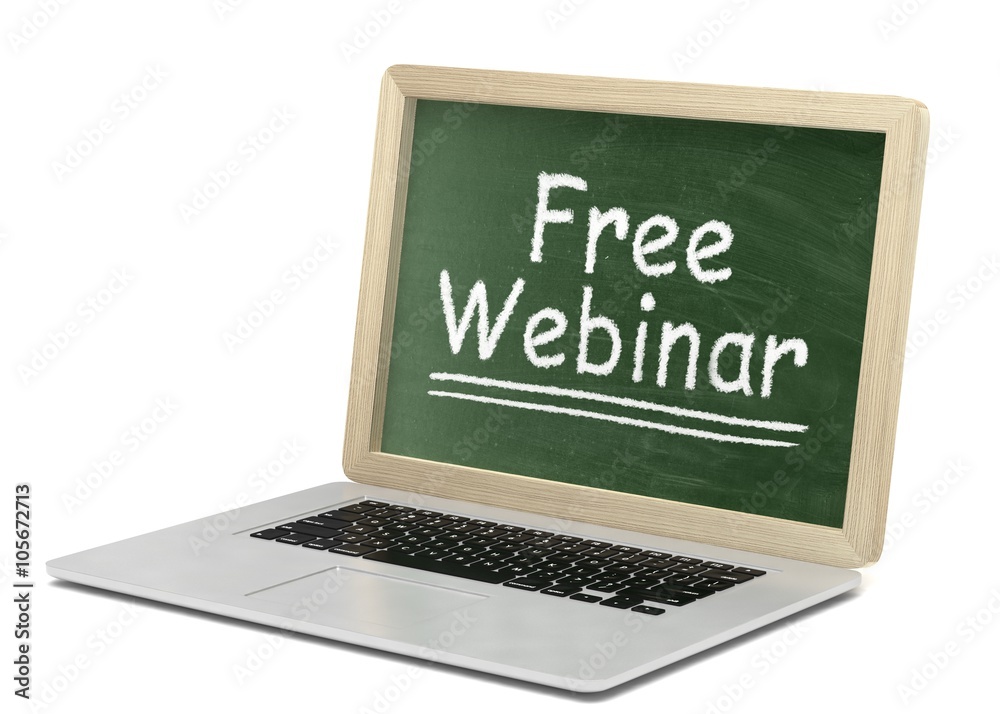  Laptop with chalkboard, free webinar, online education concept
