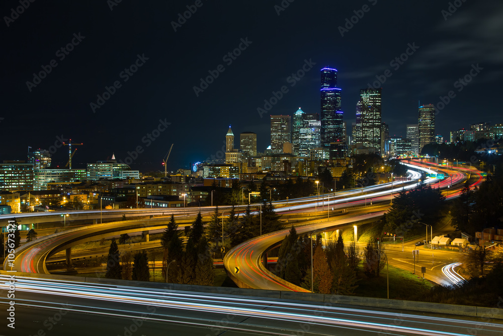 A classic view of downtown Seattle city skyline at dusk.