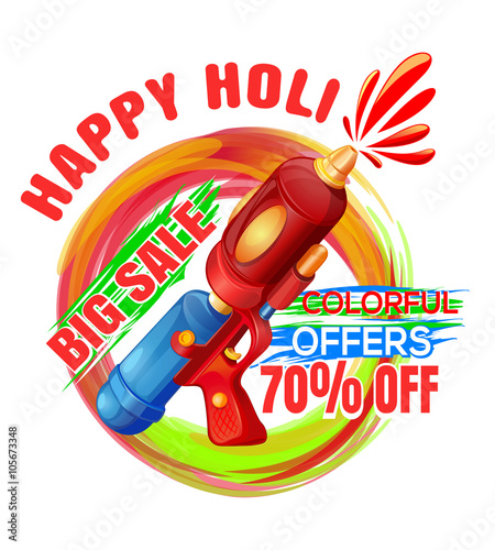 Promotional background with pichkari for Holi festival. Big sale. Colorful offers. Best Holi Pichkari guns gulaal for happy Holi. Vector editable illustration