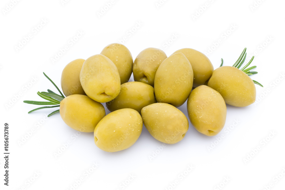 Olives on leaves isolated on white.