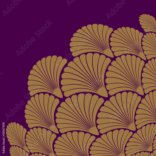 A japanese style corner ornament, with a bouquet of scales flowers pattern in a purple and gold palette