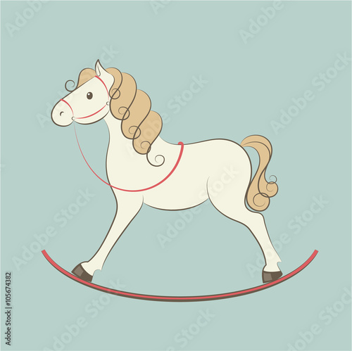 Vintage rocking horse with red harness. Vector contour.