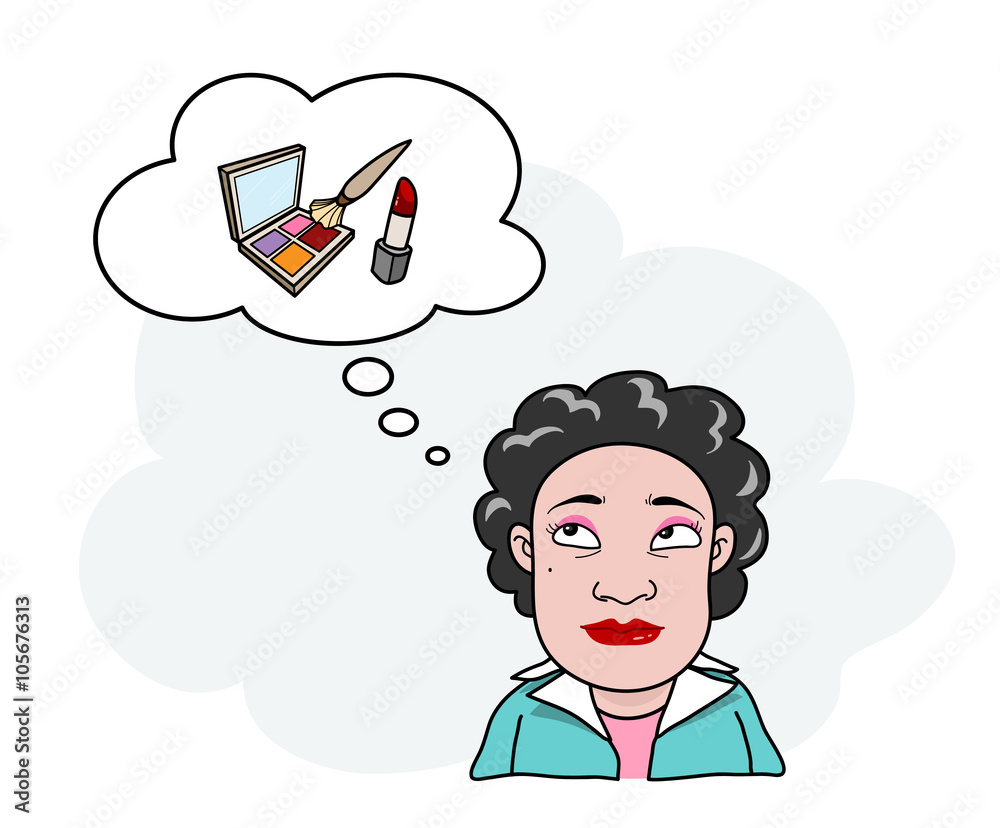 Woman with Cosmetics, a hand drawn vector cartoon illustration of a woman thinking about make ups.