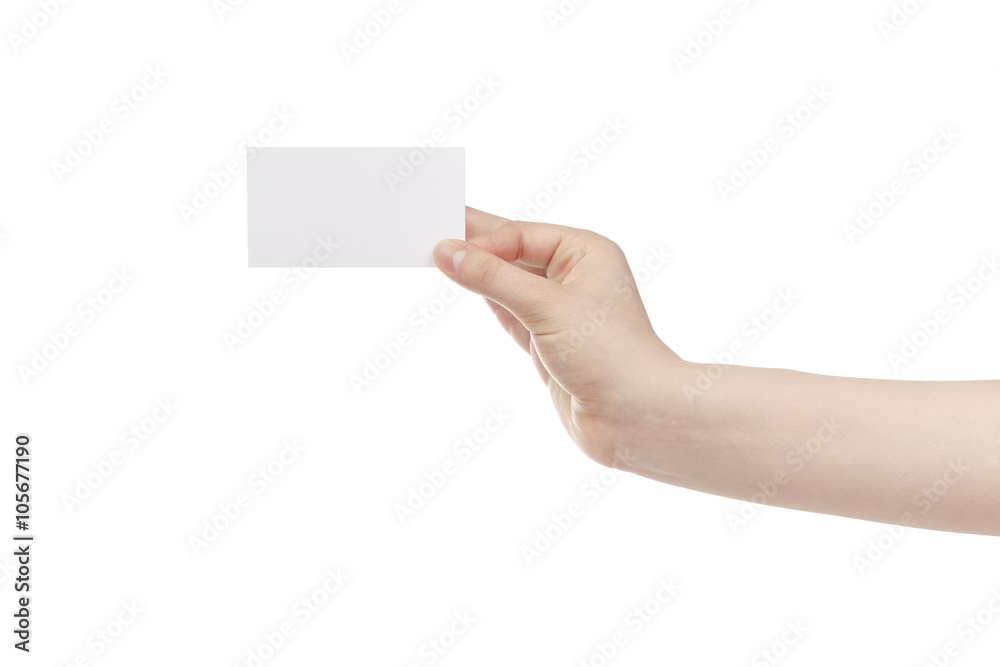 young female right hand hold blank white paper card, isolated on white young female right hand hold blank white paper card, isolated on white