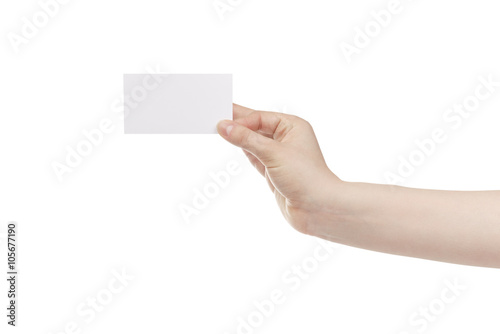 young female right hand hold blank white paper card, isolated on white