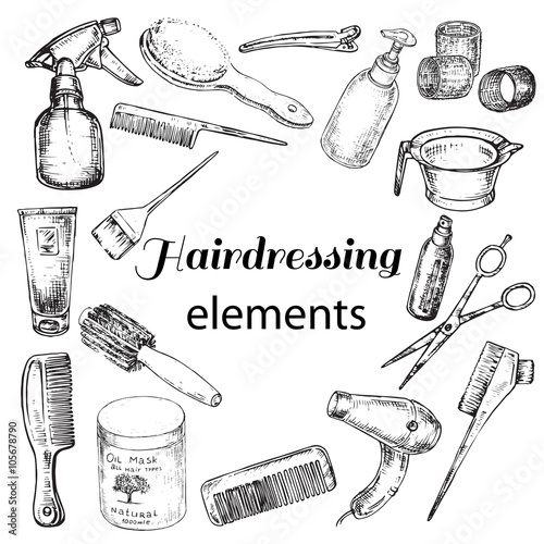 hand drawn set hairdressing elements