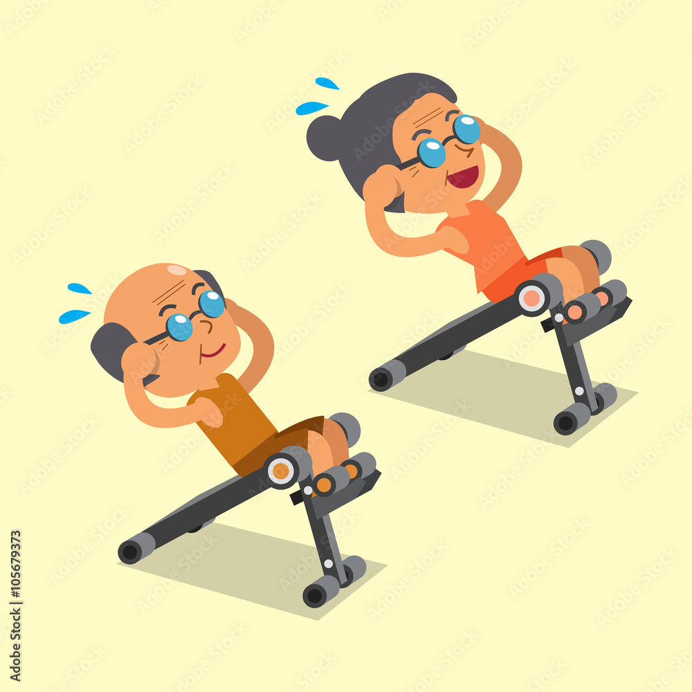 Cartoon senior man and senior woman using sit up bench Cartoon senior man and senior woman using sit up bench