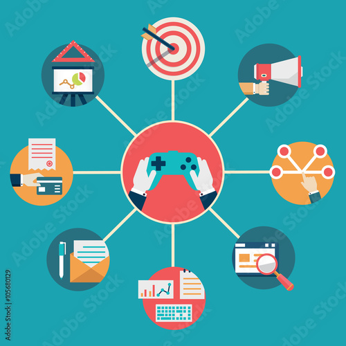 Vector flat concept of gamification in business. Integration of management and commerce