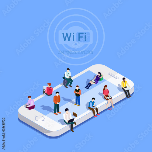 Flat vector metaphor People in wi-fi zone