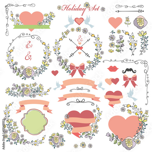 Doodle Holiday set with flowers,swirling decor