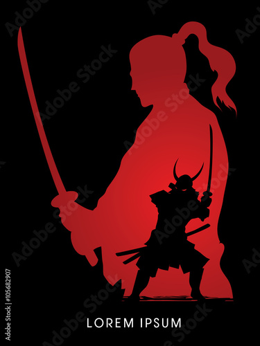Silhouette Samurai, Ready to fight designed using grunge brush graphic vector