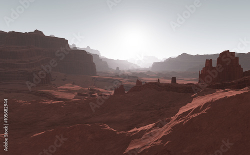 Fototapeta Naklejka Na Ścianę i Meble -  Sunset on Mars. Mars mountains, view from the valley