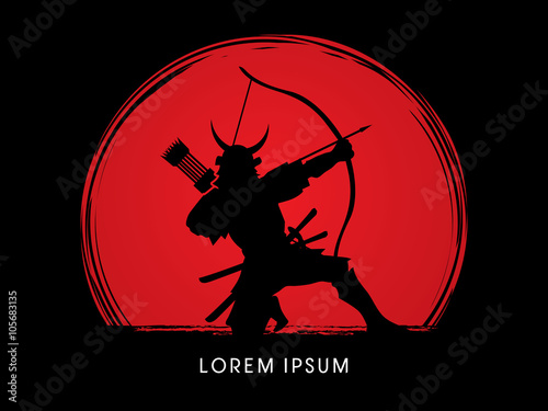 Fotografia Samurai Warrior with bow, designed on sunset background graphic vector