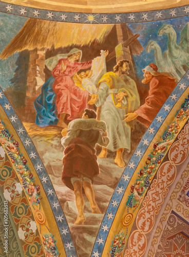 Rome - detail of fresco of Nativity  in cupola of church Basilica di Santa Maria Ausiliatrice  photo