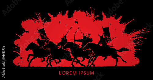 Samurai Warriors Riding Horses, designed on splash blood background graphic vector.