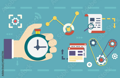 Vector flat concept of process social media business and marketing. Startup, business planning and results