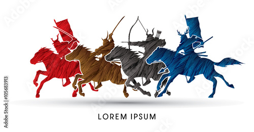 Samurai Warriors Riding Horses, designed using colorful grunge brush graphic vector.