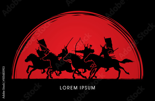 Samurai Warriors Riding Horses, designed on sunset background graphic vector.