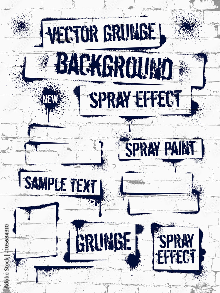 Various Spray paint graffiti on brick wall. Frame with black ink blots. Spray grunge background. - obrazy, fototapety, plakaty 