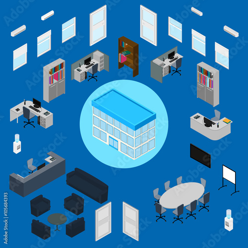 vector illustration. Office interior set - office furniture, stationery, computer, phone, desk, armchairs, sofa, chairs, table, window, door, air conditioning, office building. isometric. infographic. photo