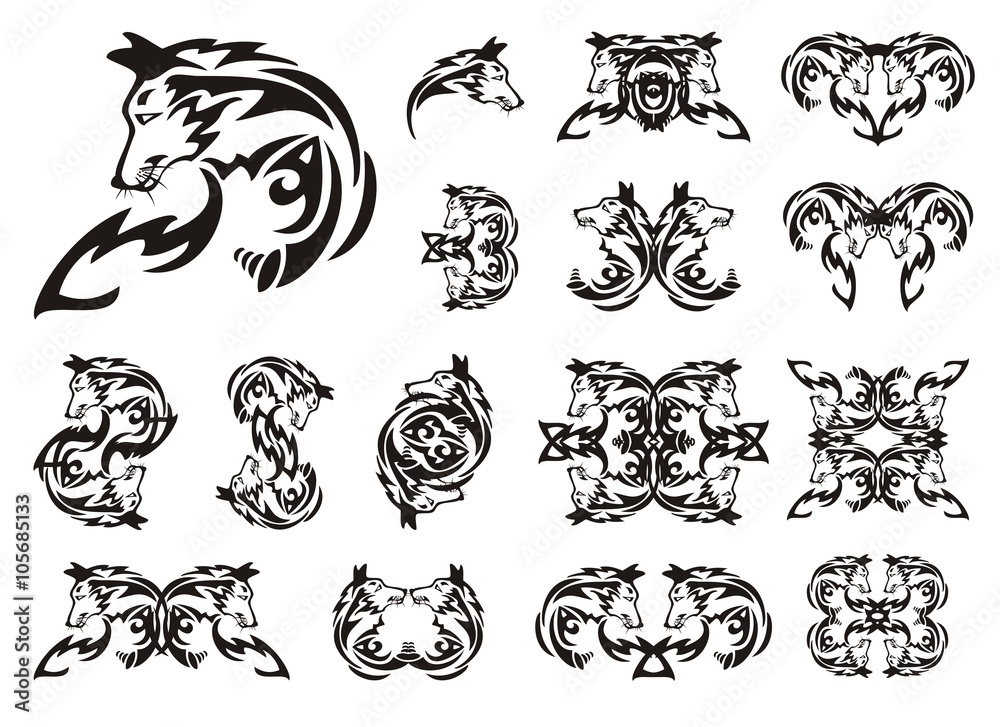 Tribal fox set. Profile of a fox and the twirled symbols from her. Black on the white Tribal fox set. Profile of a fox and the twirled symbols from her. Black on the white