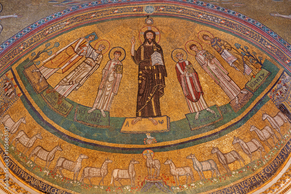 Rome - mosaic of Christ among the saints in byzantine style in church Basilica di San Marco