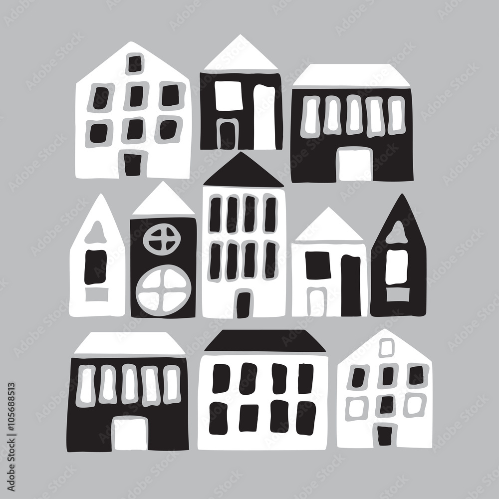 Cartoon black and white houses