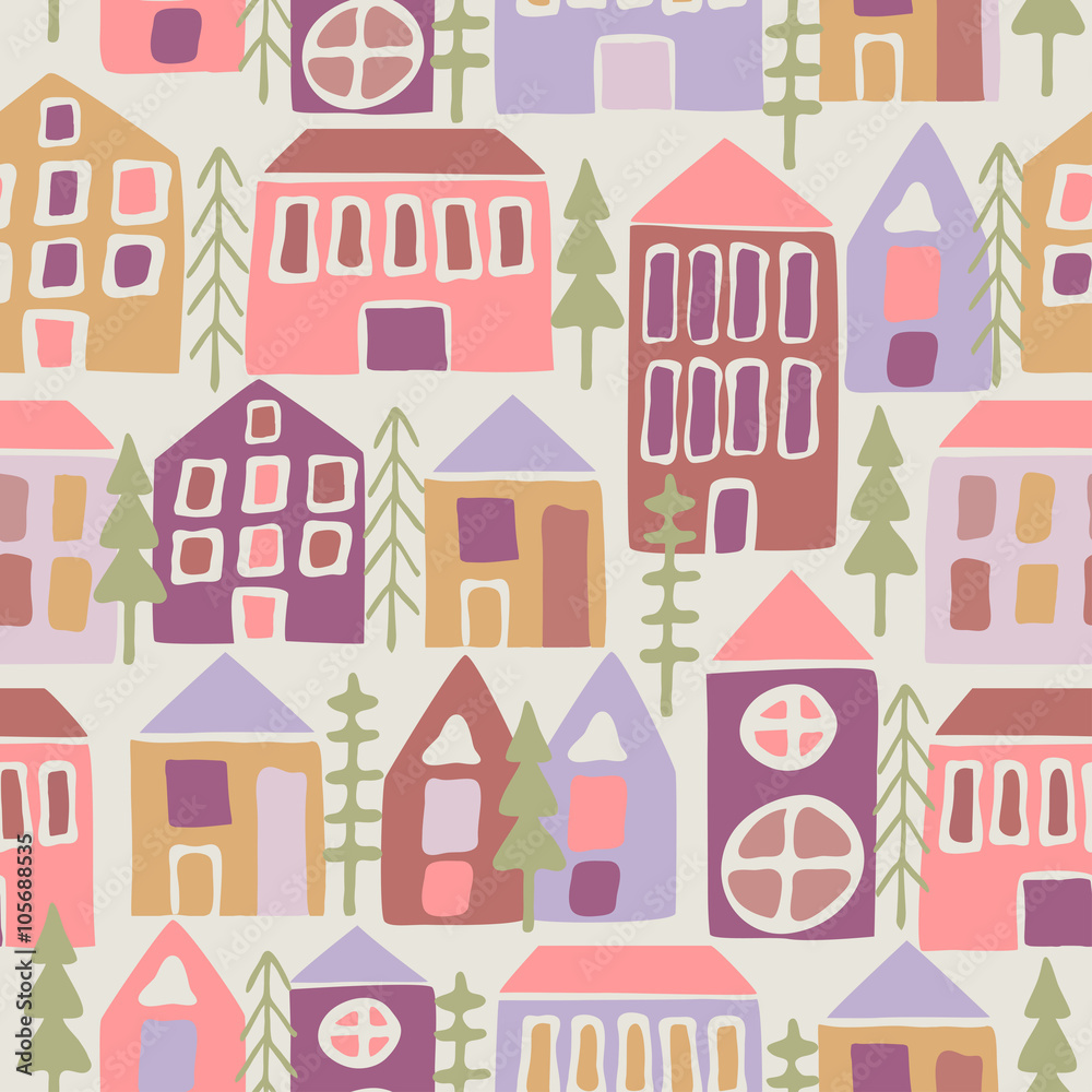 Seamless pattern with cartoon houses