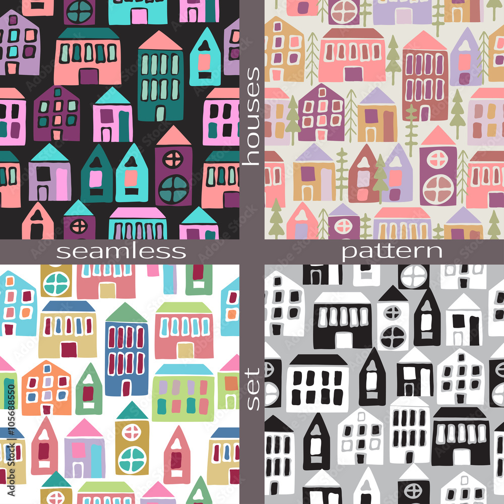 Set of seamless pattern houses