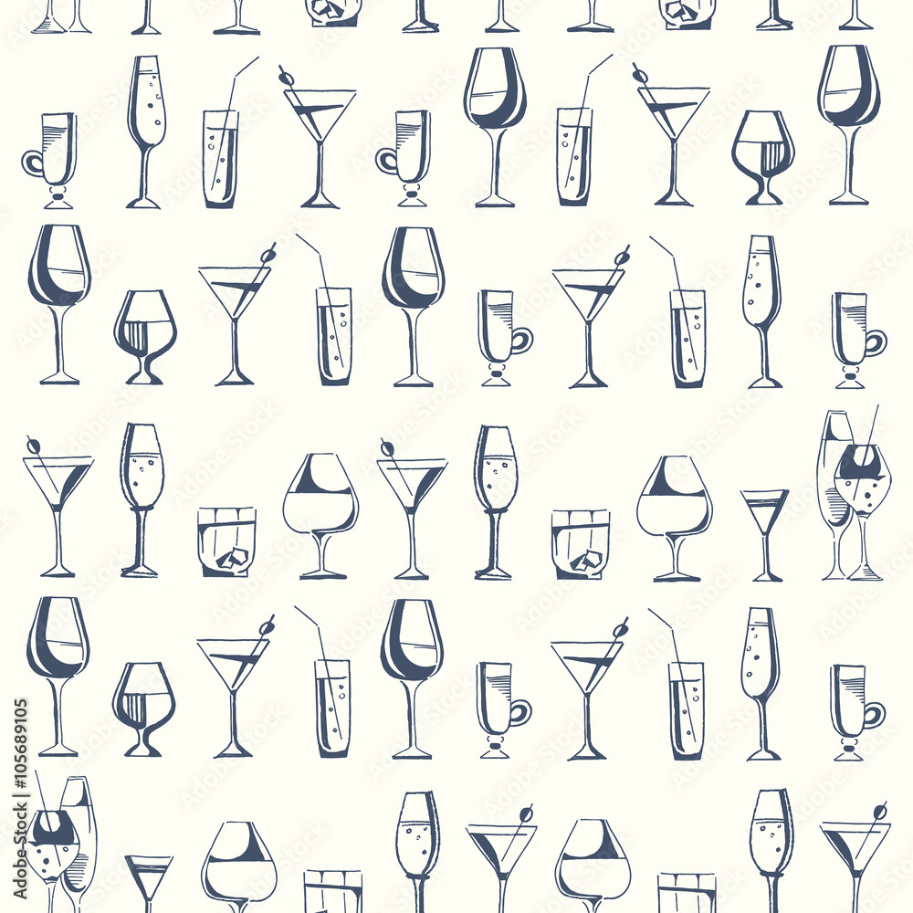 Hand drawn pattern of alcohol drinks and cocktails. Vector illustration Hand drawn pattern of alcohol drinks and cocktails. Vector illustration