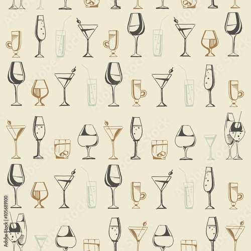 Hand drawn pattern of alcohol drinks and cocktails. Vector illustration