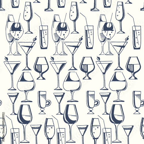 Hand drawn pattern of alcohol drinks and cocktails. Vector illustration