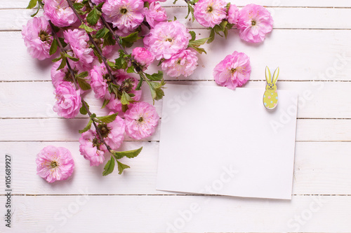 Pink   flowers  and empty tag on white  painted wooden planks.
