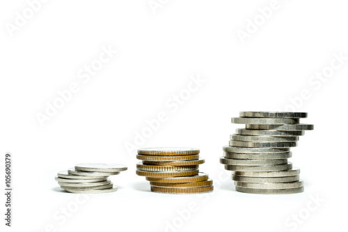 Three stacks of coin isolate on white background