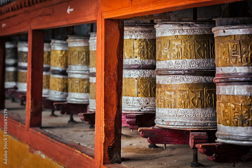 Buddhist prayer wheels in Hemis monstery, Ladakh
