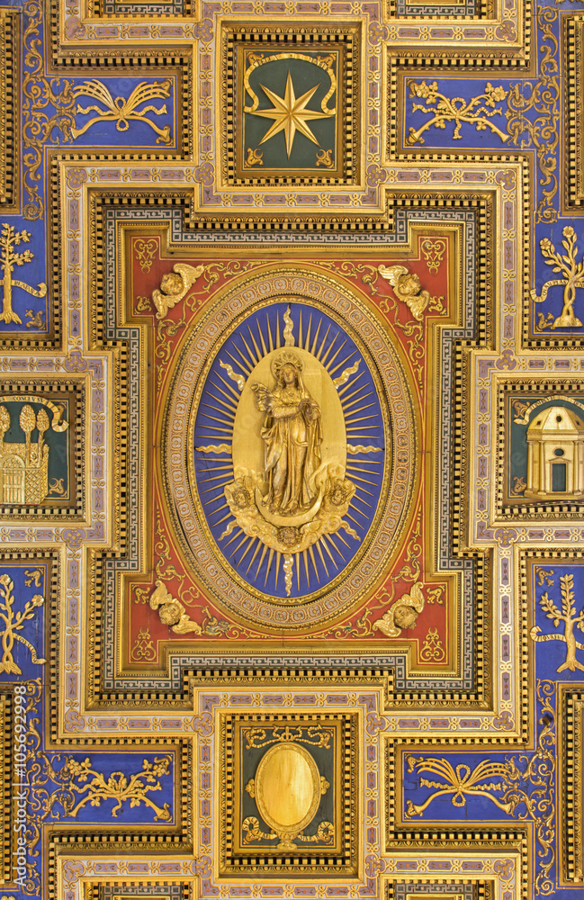 Rome - Immaculate Conception as the central motive on flat coffered wooden ceiling -  1594) in church
