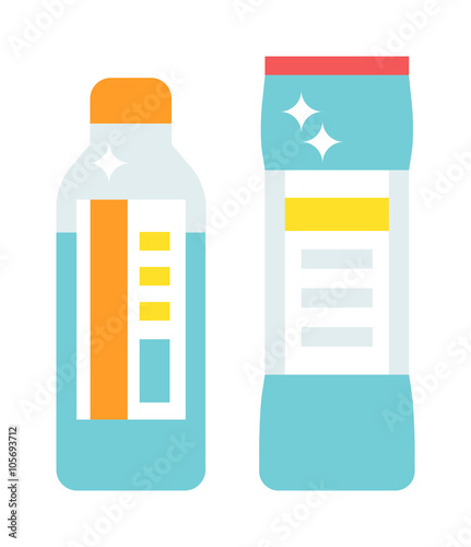 Plastic bottles of cleaning products household chemistry flat vector illustration isolated on white background.