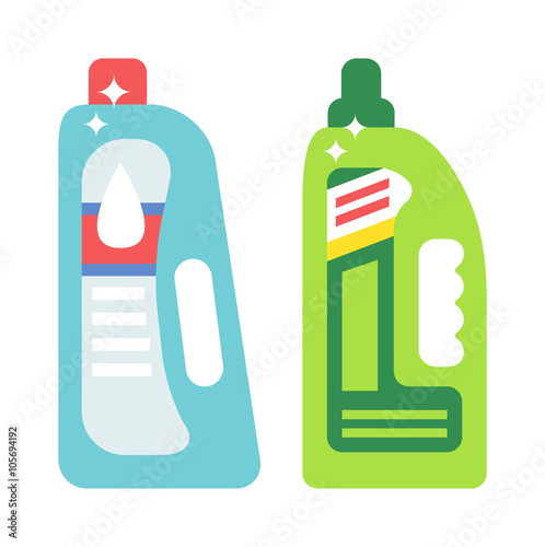 Plastic bottles of cleaning products household chemistry flat vector illustration isolated on white background.