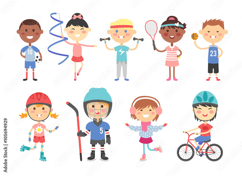 Kids playing various sports games such us hockey, football, gymnastics, fitness, tennis, basketball, roller skating, bike flat vector.